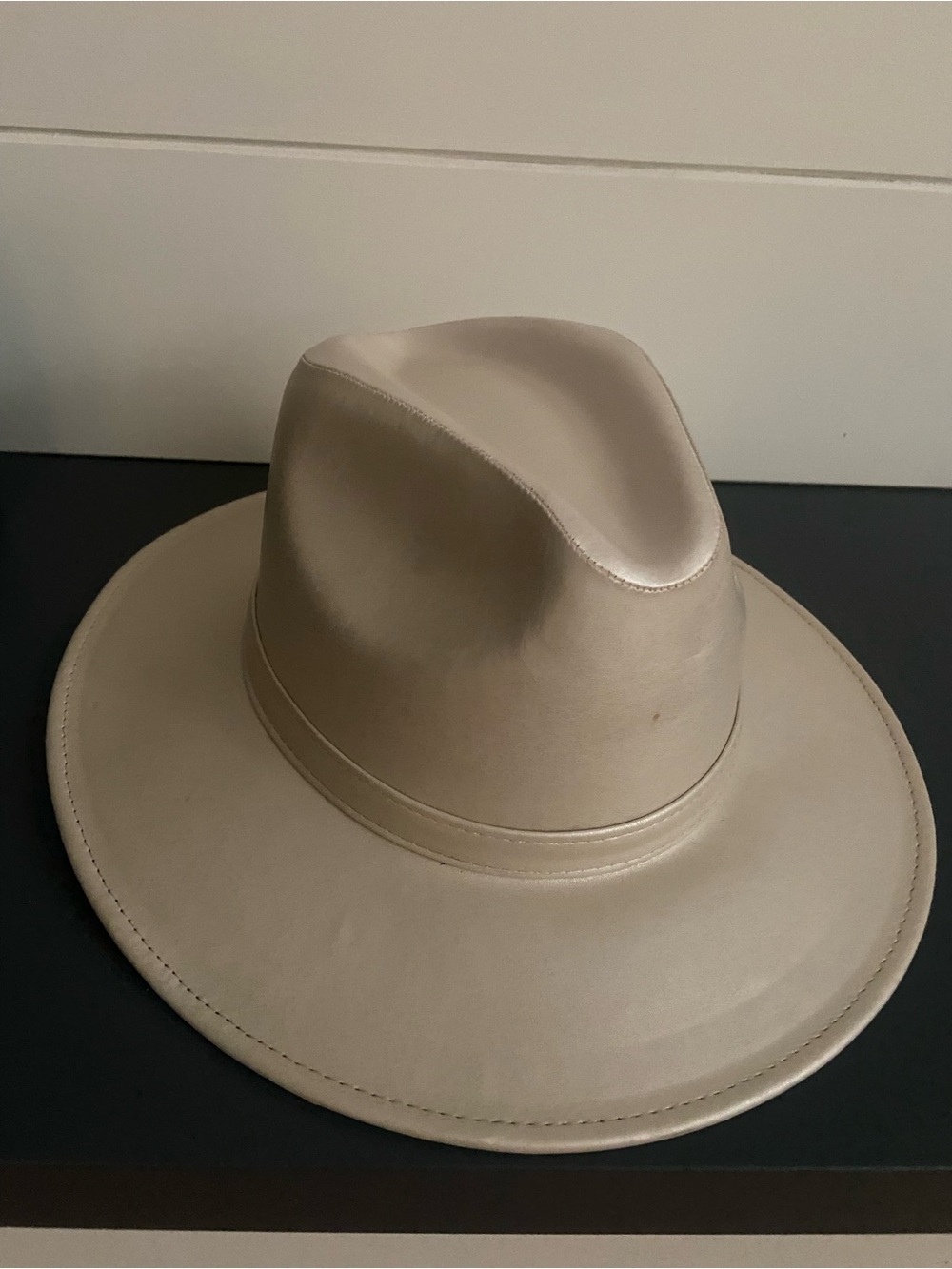 Wide Brim Leather Fedora Hat in Pearl White